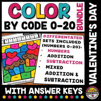 Preview of VALENTINE DAY MATH COLOR BY NUMBER ADDITION & SUBTRACTION WITHIN TO 20 WORKSHEET