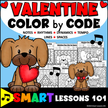 Preview of VALENTINE Music COLOR by CODE WORKSHEETS Note Rhythm Dynamic Tempo Coloring 