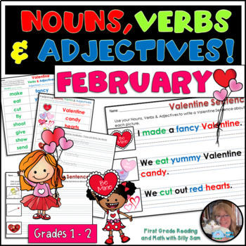 Preview of VALENTINE Nouns, Verbs & Adjectives ELA February Grades 1-3 RTI ELL 