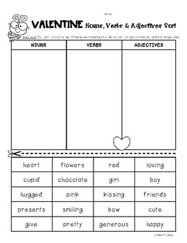 valentine nouns verbs and adjectives sorting worksheet pack by 4 little baers