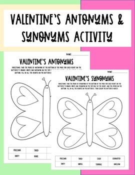 Preview of VALENTINE'S ANTONYMS & SYNONYMS ACTIVITY