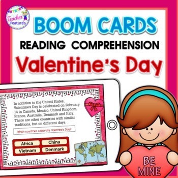 Preview of VALENTINE'S DAY BOOM CARDS Reading Comprehension Fun Facts + EASEL option