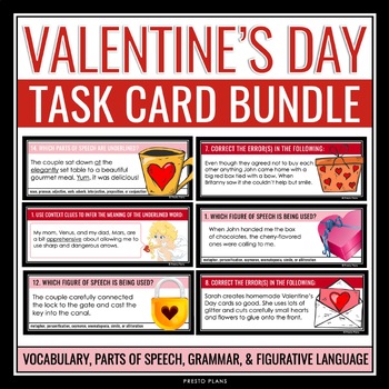 Preview of Valentine's Day Task Cards Grammar, Parts of Speech, Vocab, Figurative Language