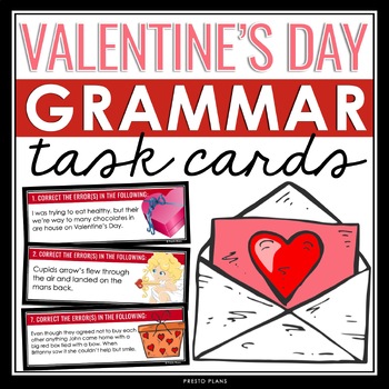 Preview of Valentine's Day Grammar Activity - Editing Grammar Errors Holiday Task Cards