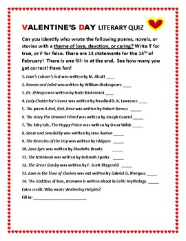 Preview of VALENTINE'S DAY LITERARY QUIZ: HOW MANY CAN YOU GUESS CORRECTLY?