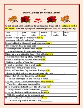 Preview of VALENTINE'S DAY RHYMING WORD BANK ACTIVITY: ELA, GRADES 3-8, ESL
