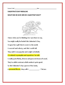 Preview of VALENTINE'S DAY RIDDLE #2   W/ANS. KEY  (STAFF & STUDENTS)