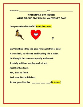 Preview of VALENTINE'S DAY RIDDLE:  W/ ANS. KEY    (STUDENTS & STAFF)