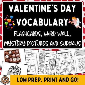 Preview of VALENTINE'S DAY VOCABULARY Flashcards Word Wall Mystery Picture Picture Sudoku