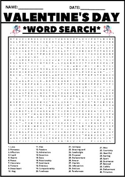 Preview of VALENTINE'S DAY WORD SEARCH Puzzle Middle School Fun Activity Vocabulary