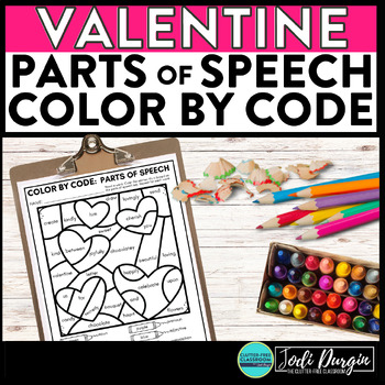 Preview of VALENTINE'S DAY color by code February coloring page PARTS OF SPEECH worksheet
