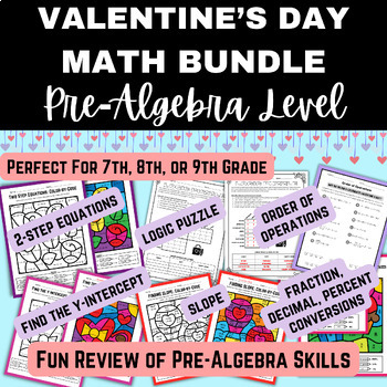 Preview of VALENTINE'S Math Bundle Pre-Algebra (Slope/Y-Intercept, Equations, Logic Puzzle)