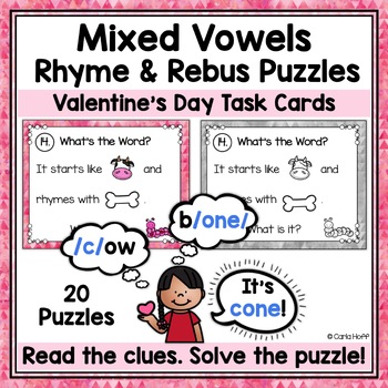 Preview of MIXED VOWELS Onset & Rime Phonics Task Card Puzzles Valentine Theme