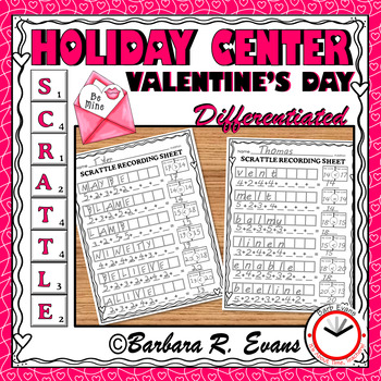 Preview of SCRATTLE MATH and LITERACY CENTER Valentines Day Edition Differentiated