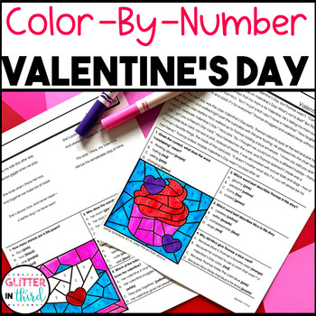 Preview of VALENTINES DAY Reading Comprehension Coloring Pages Color By Number