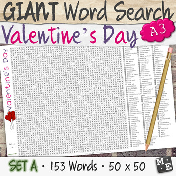 Preview of VALENTINES DAY VOCABULARY GIANT Word Search Puzzle Poster Worksheets Set A