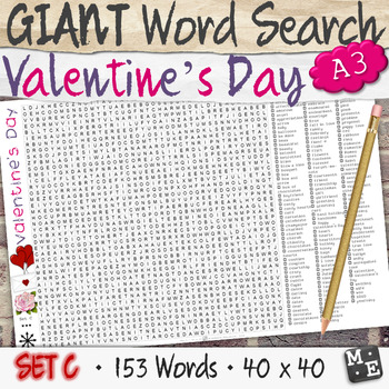 Preview of VALENTINES DAY VOCABULARY GIANT Word Search Puzzle Poster Worksheets Set C