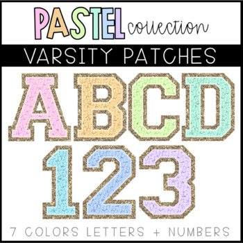 Preview of VARSITY PATCH BULLETIN BOARD LETTERS Pastel Collection - Glitter + Numbers