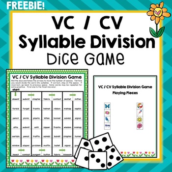 Preview of VC / CV Syllable Division Dice Game, Segmenting, Literacy, Phonics, Freebie