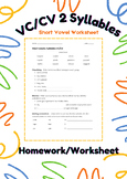 VC/CV Two Syllable Short Vowel | Phonics Homework | FREEBIE