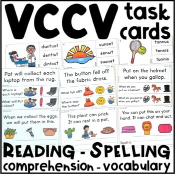 Preview of VCCV Closed Syllables Task Cards - VCCV Reading, Spelling, Comprehension Cards