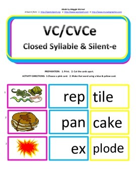VC/CVCe 2 syllable card match with worksheet -silent e by Maggie Warner