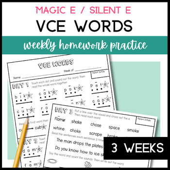 Preview of VCE Words Decoding Practice Homework Worksheets | Silent E Magic E