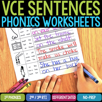 Preview of VCE & cVCE Sentence Writing Phonics Worksheet Activities First Grade Phonics