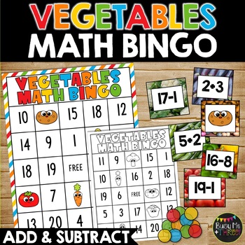 Preview of VEGETABLES Math Bingo Game Addition and Subtraction to 20 | Fun Fact Fluency