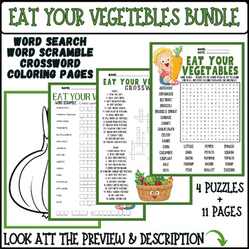 VEGETABLES bundle - word search & word scramble & crossword & coloring ...