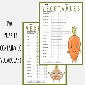 VEGETABLES word scramble puzzle worksheets activities, HEALTHY FOOD