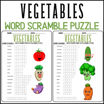 VEGETABLES word scramble puzzle worksheets activities, hEALTHY FOOD