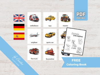 Preview of VEHICLES • 30 Montessori Flash Cards • Car Cartoon Comic Style German Spanish