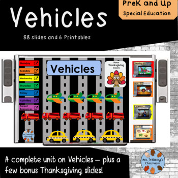 Preview of VEHICLES AND THANKSGIVNG 88 Google slides and 6 worksheets for Prek and Kinder