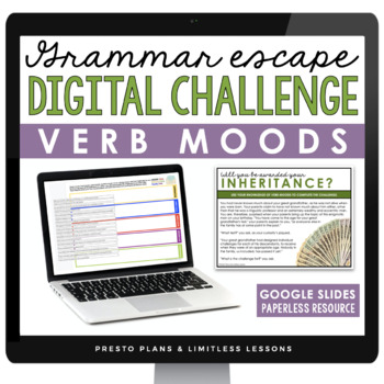 Preview of Verb Moods Escape Room Digital Grammar Activity, Google Slides, and Quiz