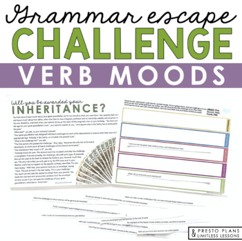 Preview of Verb Moods Grammar Activity Escape Room Challenge, Presentation, and Quiz