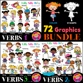 Preview of VERBS 1-2-3 Bundle - B/W & Color clipart {Lilly Silly Billy}