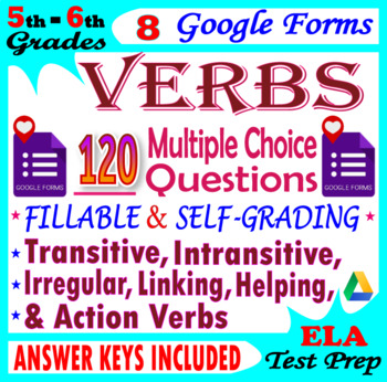 Preview of VERBS. Linking verbs, Action Verbs. 5th-6th Grade ELA Review. Self-grading Forms