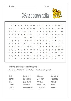 Preview of Vertebrates Word Search : Mammals, Birds, Amphibians, Reptiles and Fish