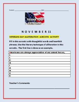 Preview of VETERANS DAY ACROSTIC ACTIVITY W/ ALLITERATION