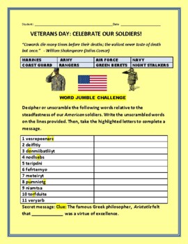 Preview of VETERANS DAY:  VOCABULARY WORD CHALLENGE  W/ ANSWER KEY GRS. 7-12, COLLEGE,ADULT