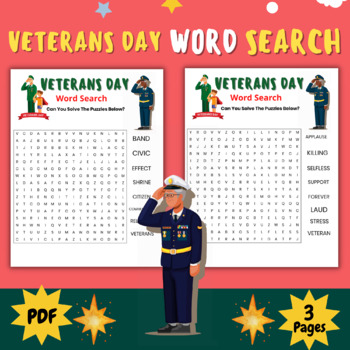 Preview of VETERANS DAY Word Search Puzzle Worksheet with solution ( November  Activities )