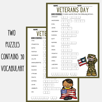 VETERANS DAY word scramble puzzle worksheets activities | TPT