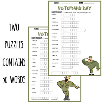 VETERANS DAY word scramble puzzle worksheets activities | TPT