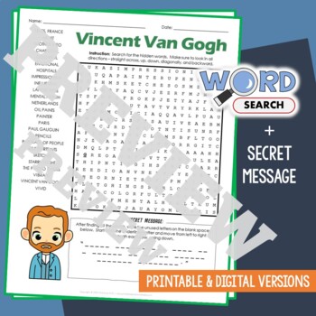 Preview of VINCENT VAN GOGH Word Search Puzzle Activity Vocabulary Worksheet Secret Message