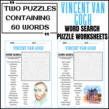 VINCENT VAN GOGH word search puzzle worksheets activities by PUZZLES