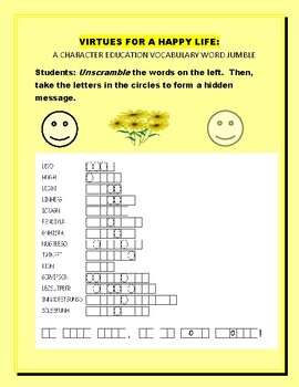 Preview of VIRTUES FOR A HAPPY LIFE: A CHARACTER EDUCATION ACTIVITY /WORD JUMBLE