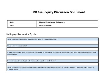 Preview of VIT pre inquiry discussion document mentor editable template