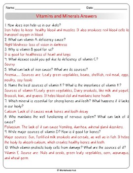 VITAMINS AND MINERALS: Importance and Deficiency Q/A Worksheet | TpT