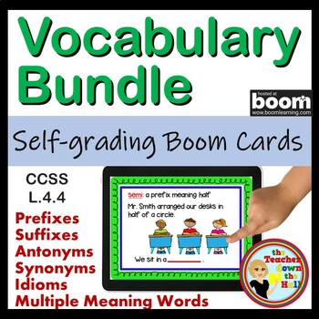Preview of VOCABULARY BOOM Cards Digital Idioms, Prefixes, Suffixes, Antonyms, Analogies
